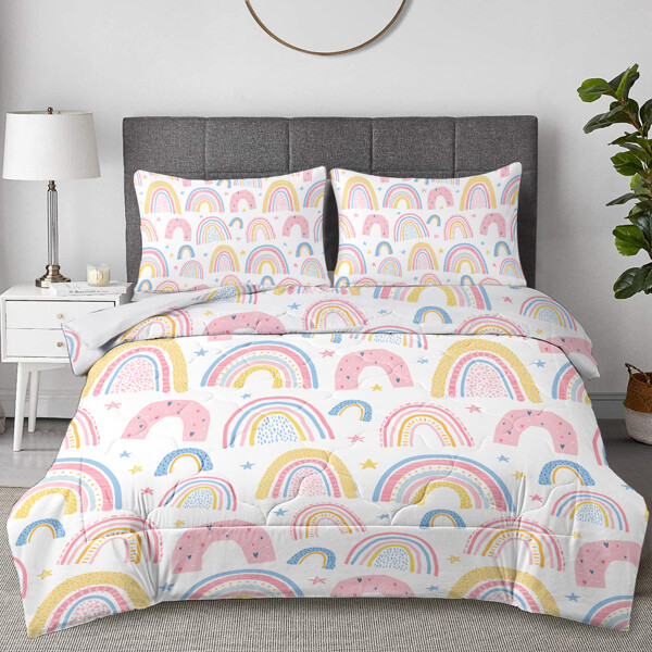 Rainbow Star Comforter Set for Women in Pink and Yellow, 3-Piece Bedding
