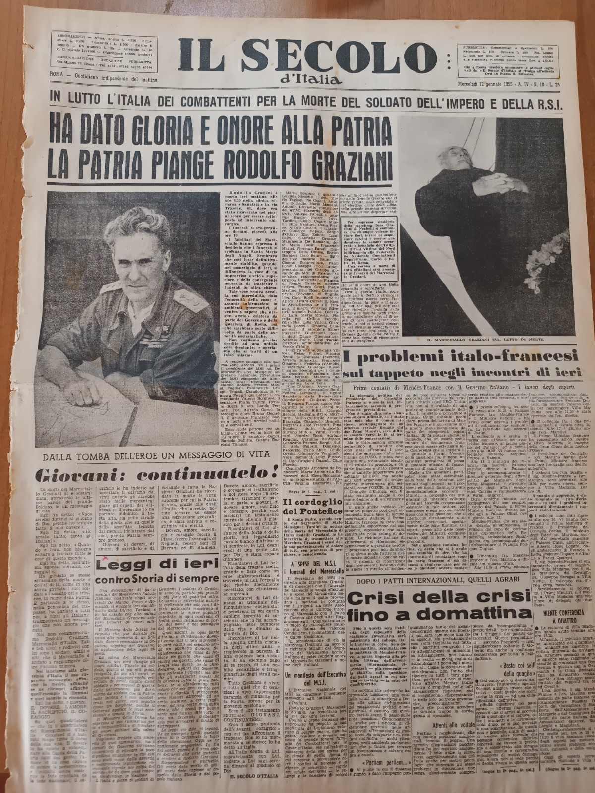 IL SECOLO D'ITALIA 12/1/1955 La morte del Maresciallo Graziani