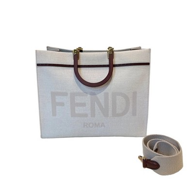 Fendi Sunshine White Canvas Medium Tote Bag Shoulder Strap Pre-Owned