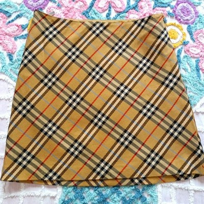 BURBERRY BLUE LABEL Mini Skirt M Beige Plaid Japan Wool Blend Back
