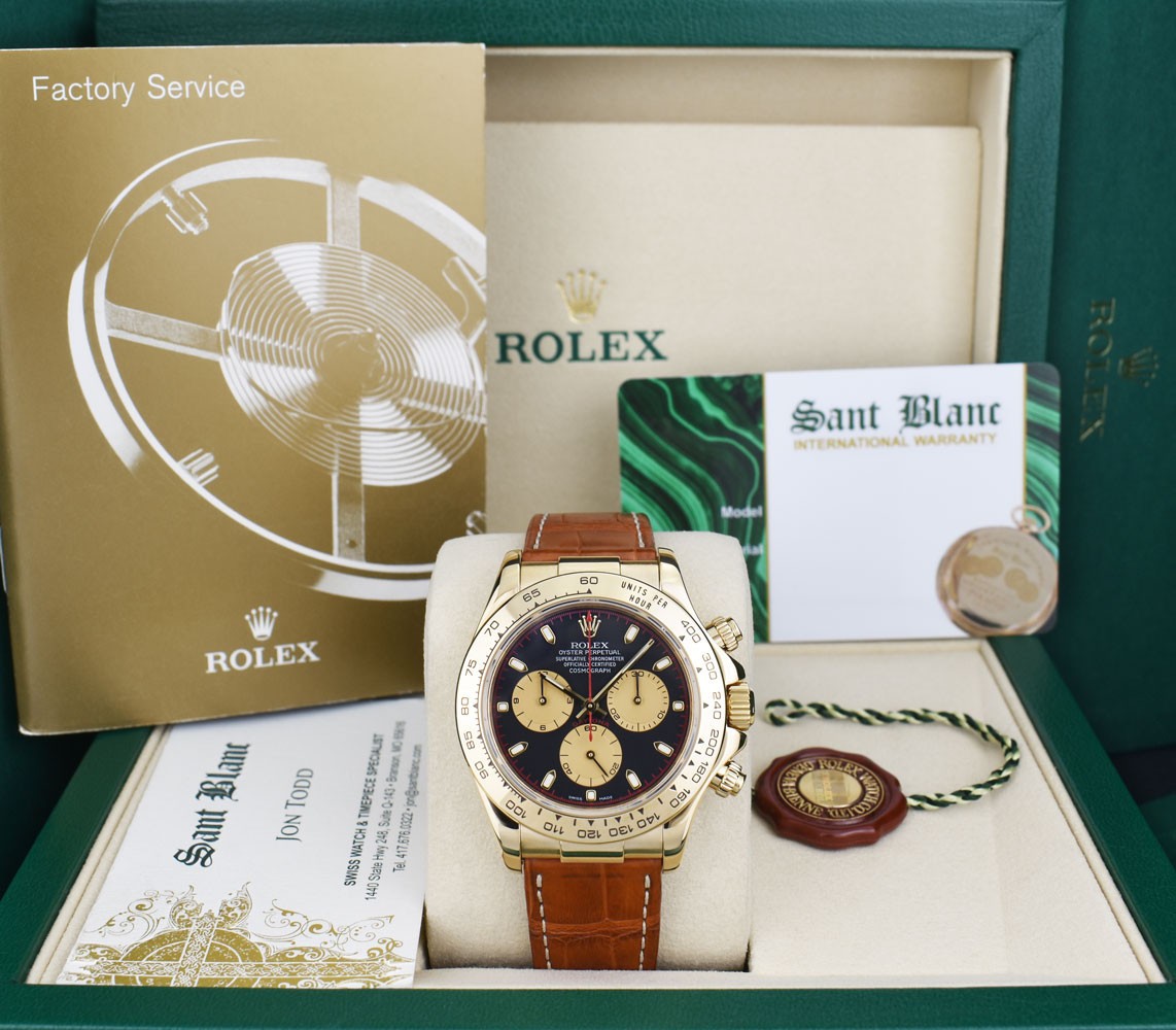ROLEX 18kt Gold DAYTONA Leather Strap Black Paul Newman Dial 116518 SANT BLANC