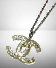 Autentica collana CHANEL Coco Mark ciondolo catena accessorio strass trasparenti