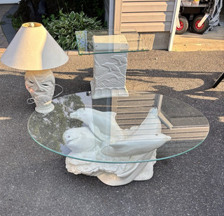 Oval Glass Top Coffee Table Dolphin Base White/Clear 45x32x16 in