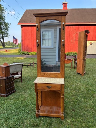 Wood Hall Tree Stand w/ Mirror, Coat Hooks & Drawer, Brown Free Standing