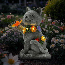 Outdoor Solar Cat Garden Statue - with LED Flowers and Butterfly Yard Art, Suita