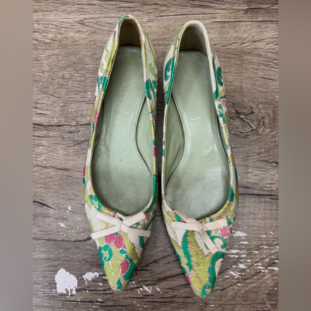 Vintage Prada SS2003 Green Brocade Flat Shoes Size 37.5