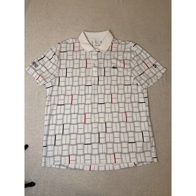 Lacoste Sport Polo Men L White Novak Djokovic Ultra Dry Tennis Court Grid Shirt