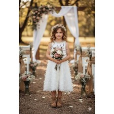 Y.A.S Dress Girls Large White Pearl Trim Faux Feather Flower Girl Formal Wedding