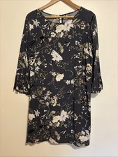 Old Navy Gray Rayon Shift Dress L Floral Print 3/4 Bell Cuff Sleeve Birds