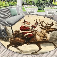 140cm 140cmSanta  Reindeer Round Mat - Non-Slip Christmas Floor Mat with Snowy