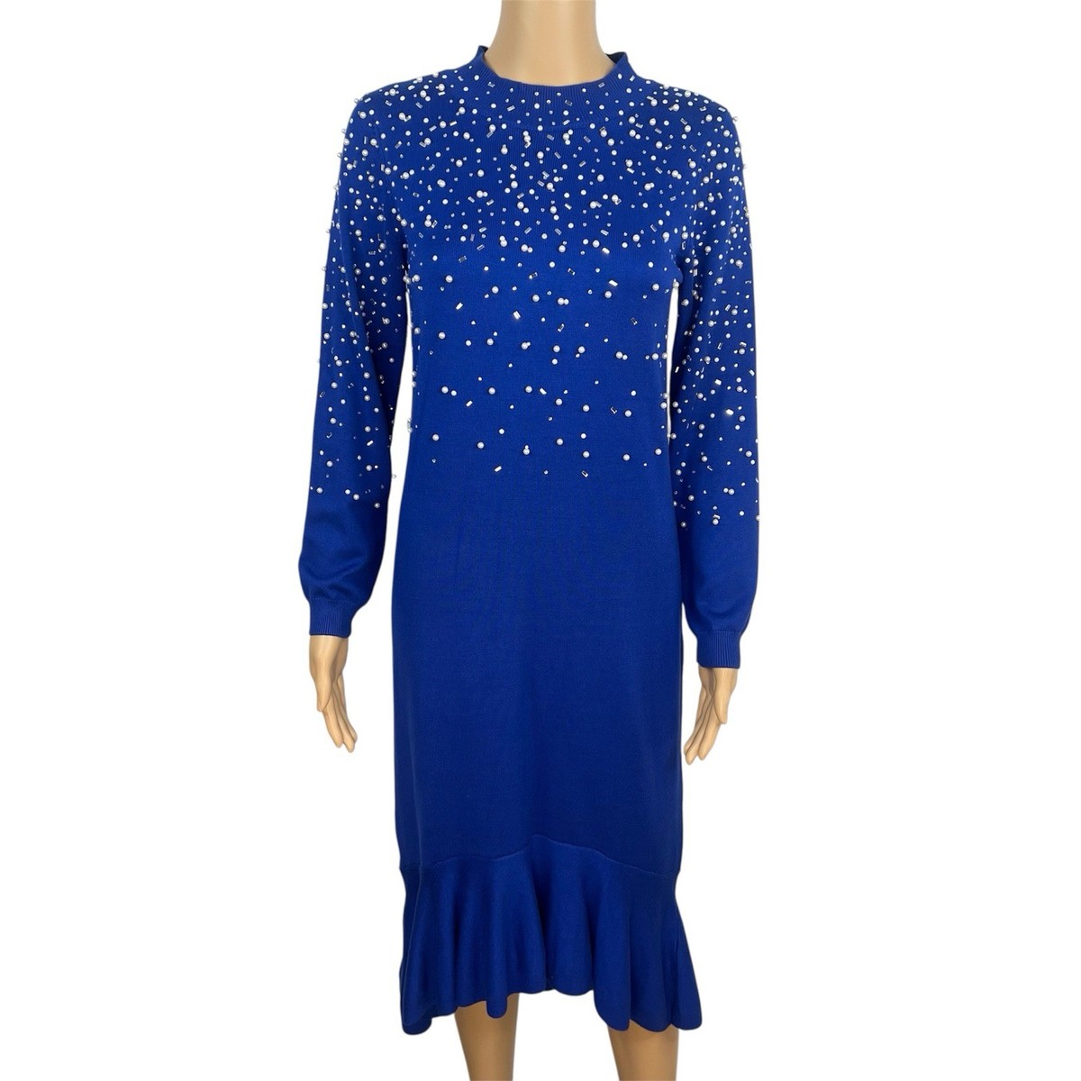 Ashro Sweater Dress Size S Pearl Peplum Blue Beaded Embellished Formal Ruffle Ashro Sweater Dress Size S Pearl Peplum Blue Beaded Embellished Formal Ruffle