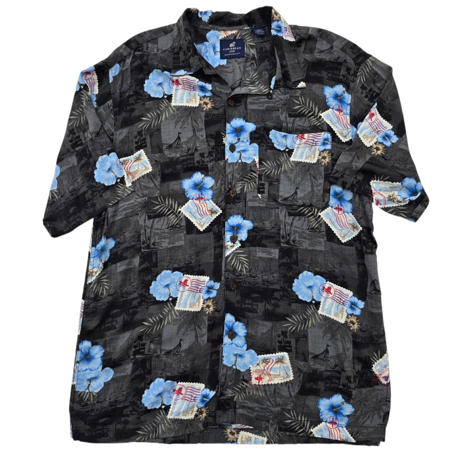 Caribbean Joe Men's Black Floral Hawaiian Shirt Size L