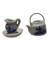 Delft Blue Windmill Miniature Teapot Pitcher Basin Set Dutch Blue White Porcel