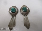 VINTAGE NAVAJO INDIAN GREEN TURQUOISE SHIELD JINGLE DANGLE EARRINGS STERLING — photo 2