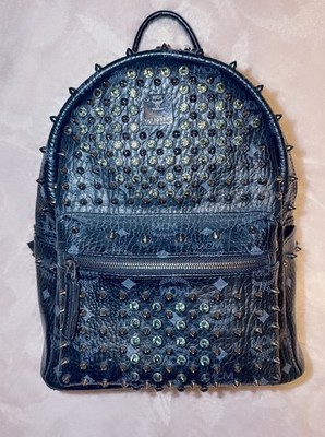 G  MCM Vicetos Studs Backpack Leather Black Silver Medium Logo
