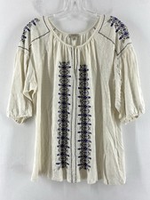 Lucky Brand Women's Short 3/4 Sleeve Ivory Boho Embroidered Top Size 1X