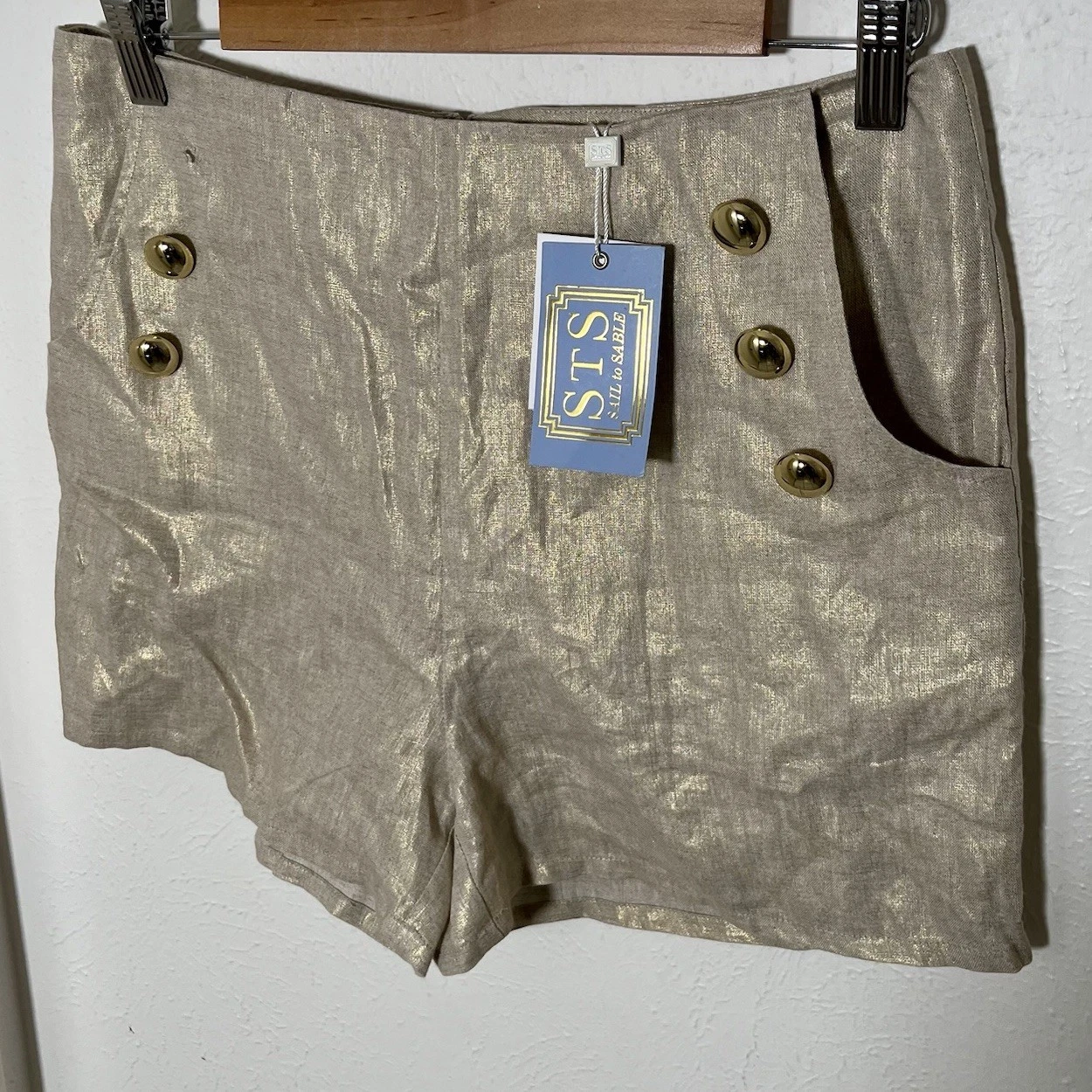 Sail To Sable Women’s Gold Mini Shorts 100% Linen Gold Buttons Size S $148 NWT