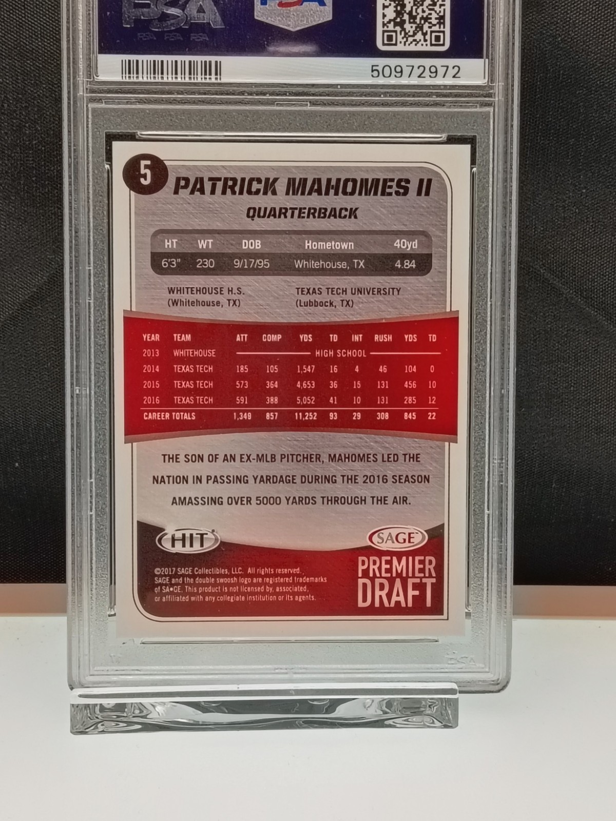 2017 Sage Hit - Patrick Mahomes II #5  SILVER   (RC)  PSA 10 view 4