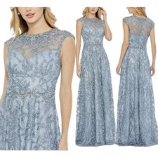 MAC DUGGAL 79430 Slate Blue Lace Embellished Cap Sleeve A-Line Size 14 $798