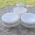 Vintage Gemco Pyrex Crazy Daisy Spring Blossom 3 Glass Bowls w/Lazy Susan Caddy