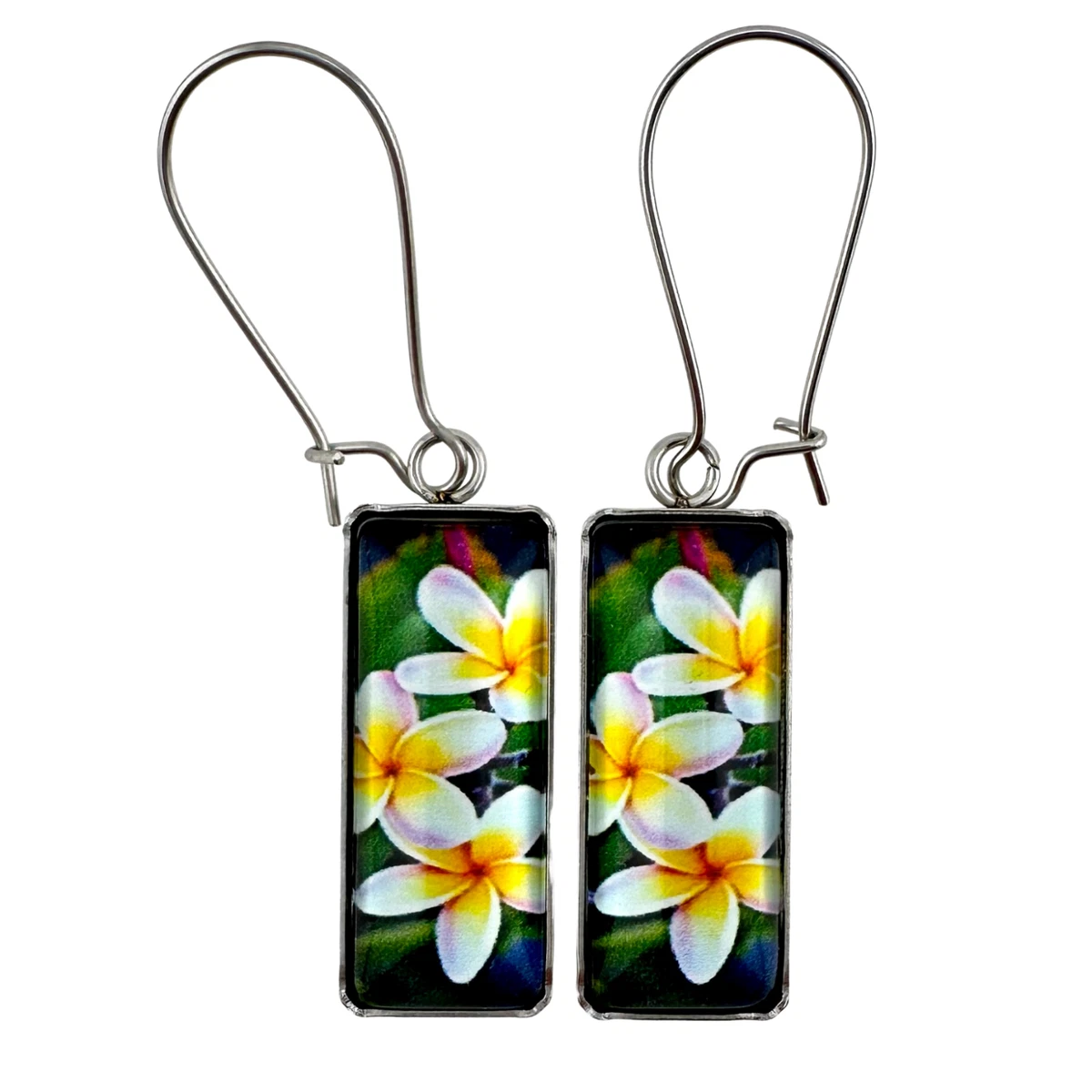 Earrings White Frangipani Flowers Rectangle Glass Stainless