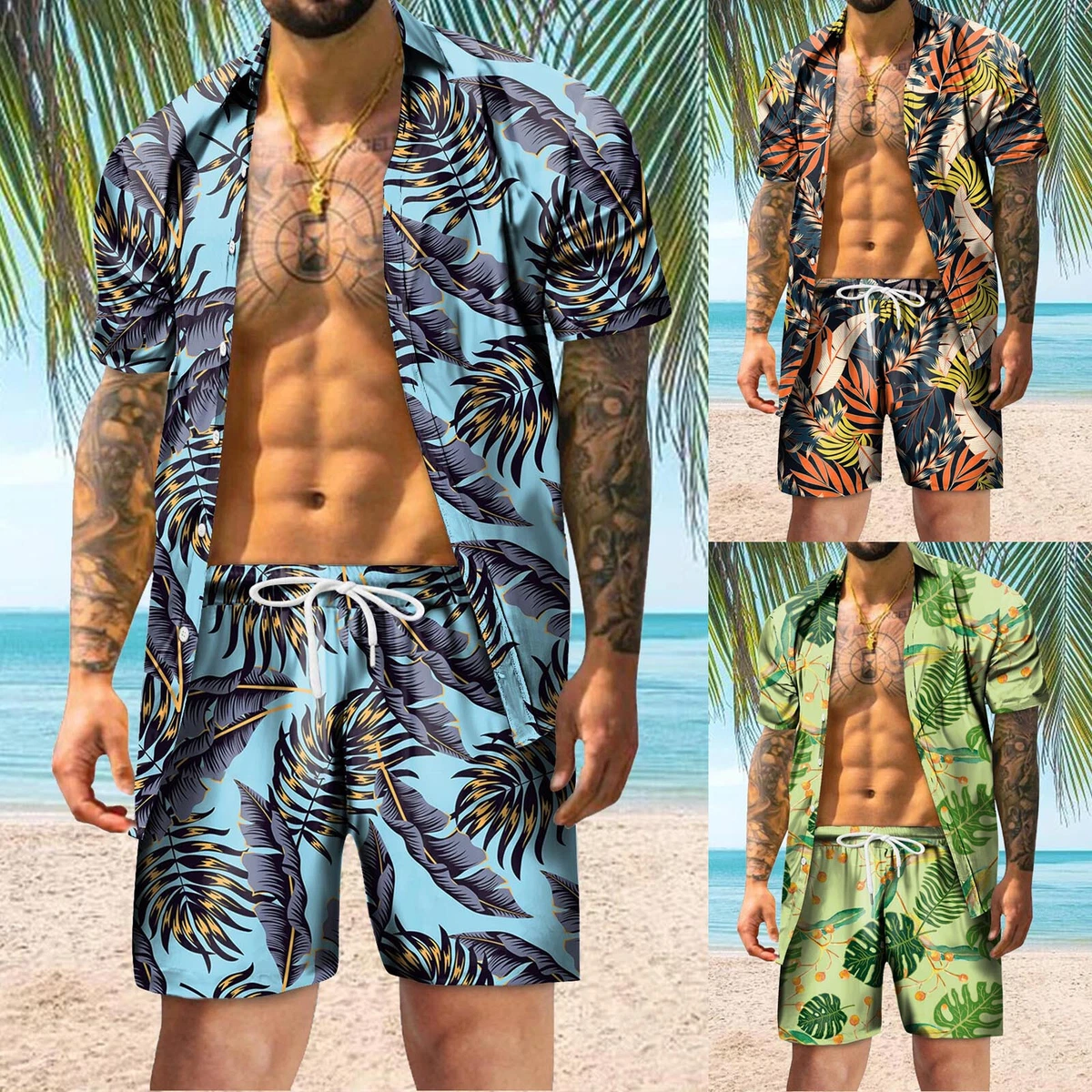 Mens Summer Fashion Leisure Hawaii Seaside Holiday Beach Digital Rose Mens Suit