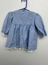 VTG Polly Flinders Girls 12 Months Hand Smocked Dress Baby Blue Botton Back Lace