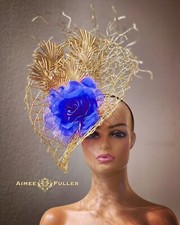 Aimee Fuller Kentucky Derby Hat Ascot Fascinator Hat Gold Royal Blue Rose Hat