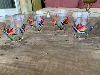 Four- Vintage Set Of Cosmopolitan Martini Glassware Hand Painted Flowers Lillies