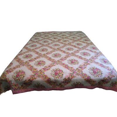 Vintage Acrylic Blanket Pink Yellow Flower Bouquet Trellis Queen GUC