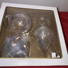 80MM Clear Iridescent Glass Ball, Onion and Tear Drop Ornaments, 3-Piece New Box