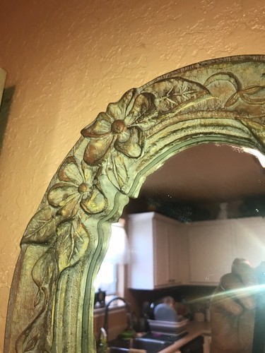 Ceramic Antiqued Look Oval Mirror Light Brown w Dusting Of Green Floral 11”x13” - Picture 6 of 9