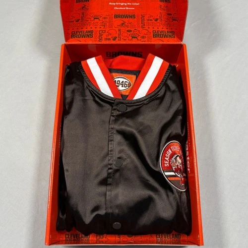 Cleveland Browns Season Ticket Member Satin Varsity Jacket Brown Size L NIB Box - product listing photo