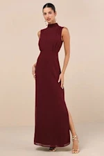 Lulus Women Classic Elegance Chiffon Sleeveless Mock Neck Maxi Dress Plum S