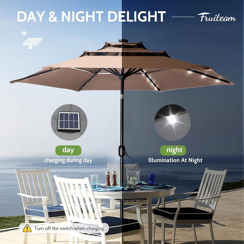 Sombrilla de patio duradera de 9 pies con ventilación y luces LED solares - resistente al óxido Foto 4 de 4