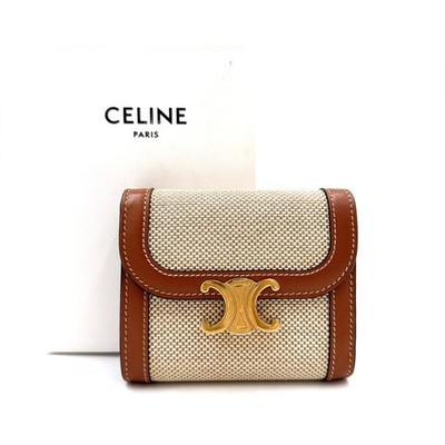 CELINE Triomphe Small Flap Wallet Canvas Leather Natural Brown Trifold Italy