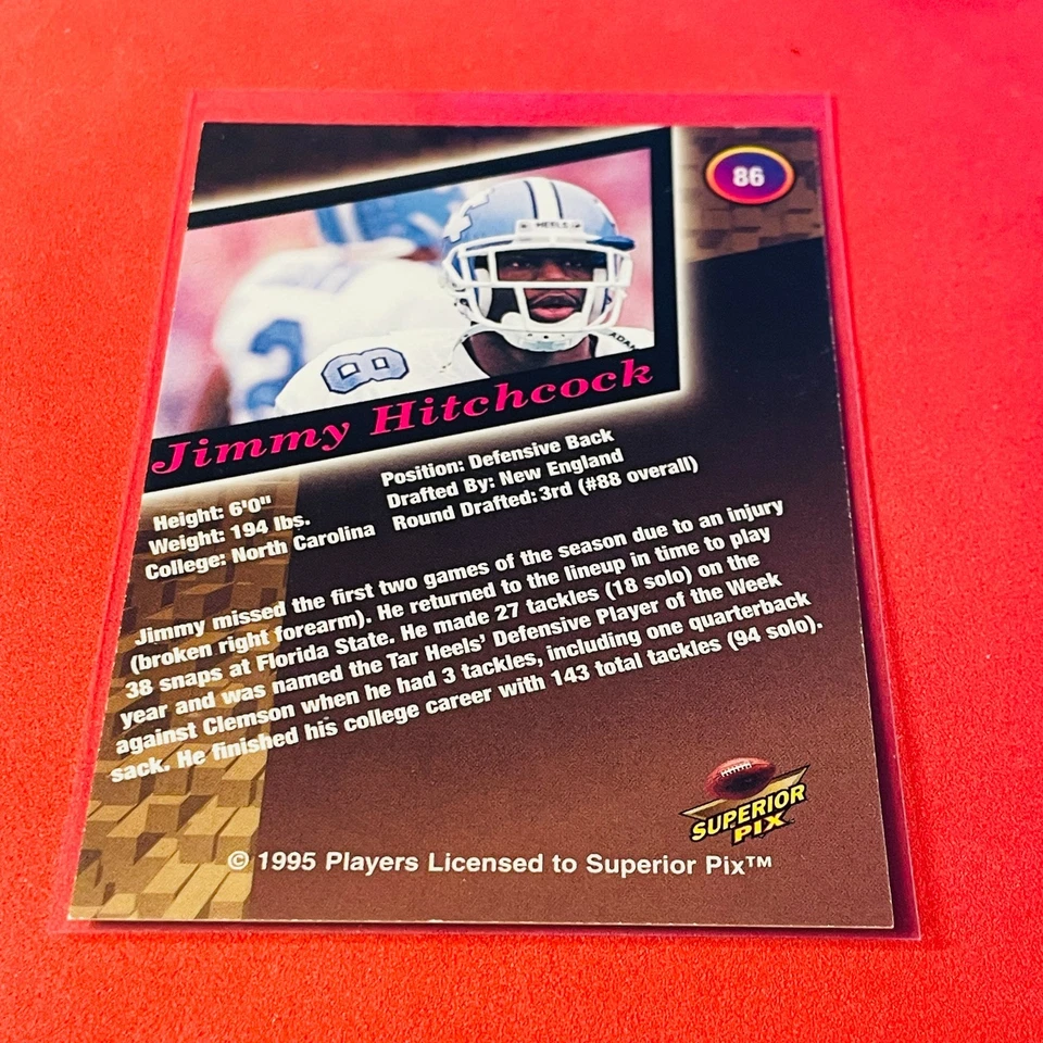 Jimmy Hitchcock .. ROOKIE AUTO 813/4000 .. Tar Heels/Patriots 1995 Superior Pix - Image 3 of 3