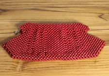 Vintage Magid Red Wooden Bead Envelope Clutch Purse with Wristlet