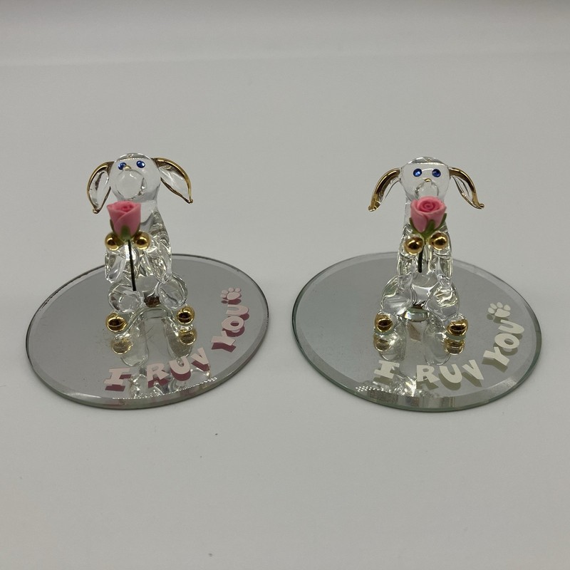 Glass Baron I Ruv You Glass Dog Figurines Pair 22k Gold Accents - U18