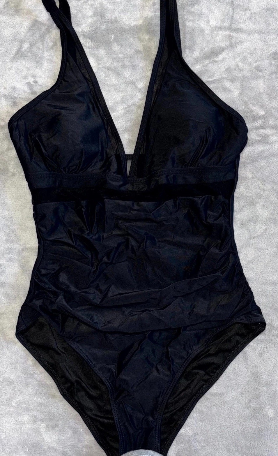 Womens Ruched One Piece Swimsuit Medium Black Stretch Mesh V-Neck Tummy Control