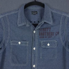 Schott Bros NYC Work Shirt Mens Medium Indigo Blue Short Sleeve Eagle Button Up