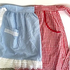 Pair Vintage Handmade Gingham Half Apron Set Blue Red Lace Trim Cottagecore 2pc