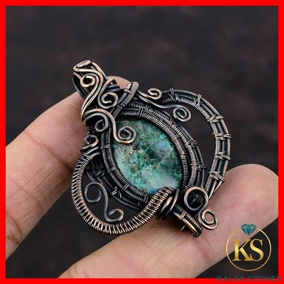 Copper Oval Chrysocolla Stone Sister Wire Wrapped Handcrafted Pendant Jewelry