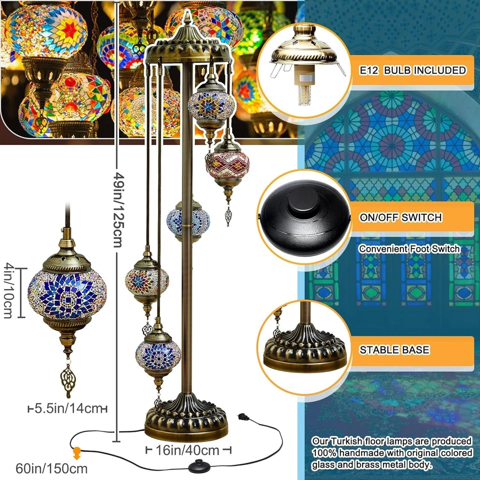 Hortsun Lámpara Turca Lámpara de Pie Marroquí Hecha a Mano Globo Salón Iluminación de Piso Bo Foto 2 de 4