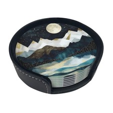 Mountain Sunset Leather Drinks Coasters with Holder Set of 6, Suitable for Ki...