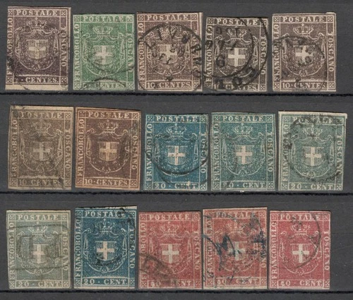 TUSCANY 1860 : 15 Stamps No. 17/21 Different Tonalita - 2^- Val €6680.00