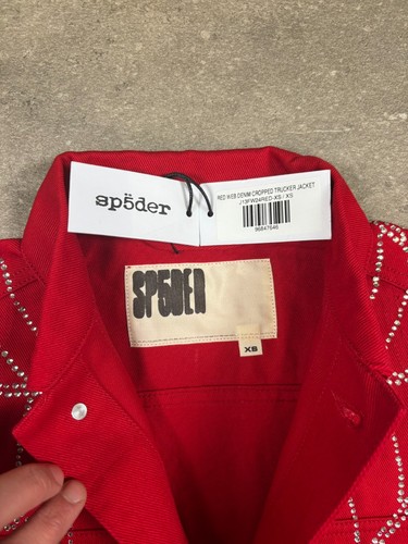 Sp5der Web Rhinestone Denim Cropped Trucker Jacket Red - 第 13/14 張圖片