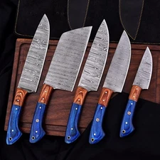 Handmade Damascus Steel Kitchen Knife Set – 5 Pc Chef Knives / Pukka Wood Handle