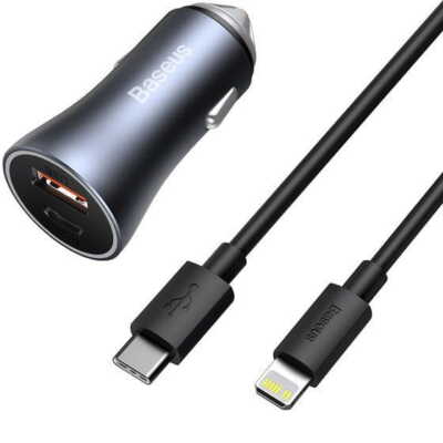 Autoladegerät Baseus 1xUSB-A 1xUSB-C PD 3.0 QC 4.0 + USB-C für iPhone Kabel