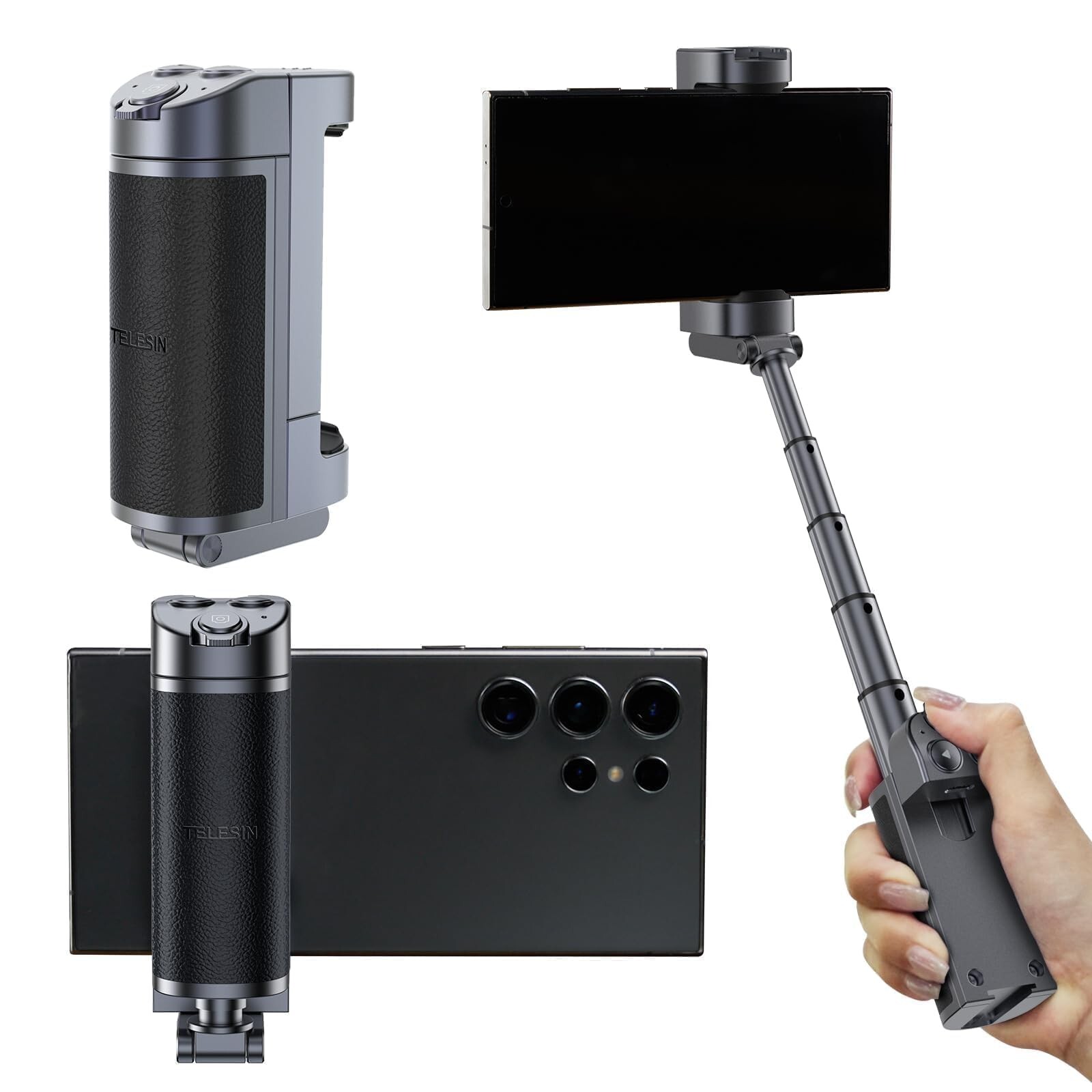 Universal Bluetooth Camera Grip with Selfie Stick and Wireless Remote for Smartphones
